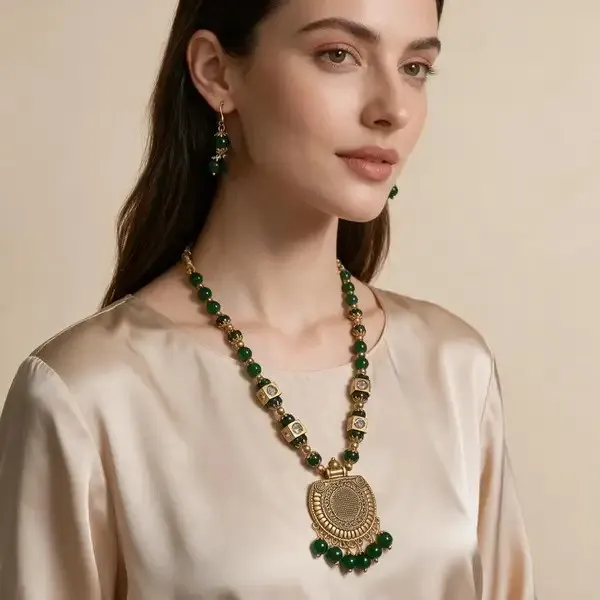 Green_Beaded_Antique_Gold_Tone_Statement_Necklace_Set_For_Women