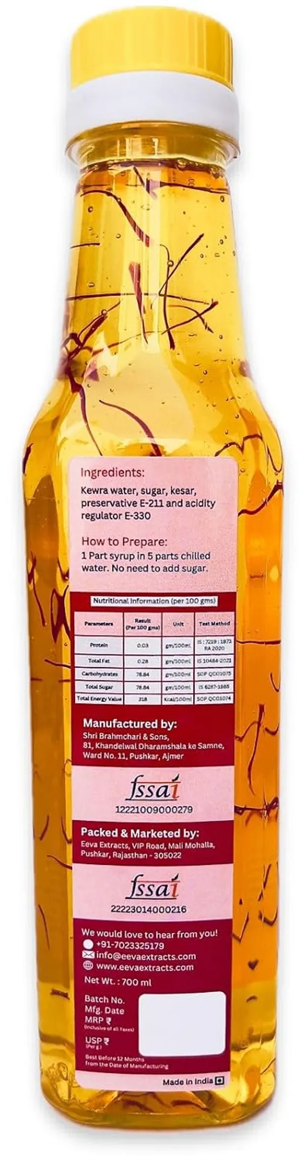 Eeva_Extracts_Natural_Pure_Kesar_Kewda_Extracts_Sharbat_I_No_Added_Water_Content_I_Transparent_I_No_Artificial_Colors_And_Flavors_I_Authentic_Taste_I_Instant_Ready_Drink_With_Milk_Or_Water_2_Piece_Ctc_Neck_Cap_I_Cool_Refreshing_Summer_Drink_700_Ml