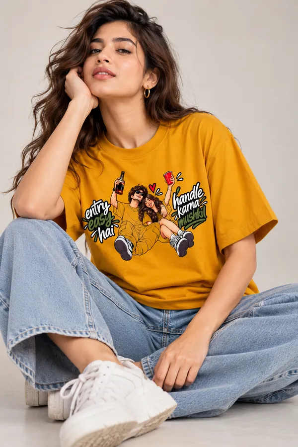 Entry_Easy_Hai_Handle_Karna_Mushkil_Graphic_T_Shirt_For_Women_Lo_Do_Mustard