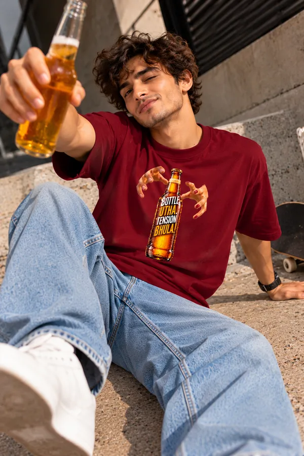 Lo_Do_Bottle_Utha_Tension_Bhula_Oversized_Graphic_T_Shirt_For_Men_Maroon_Maroon