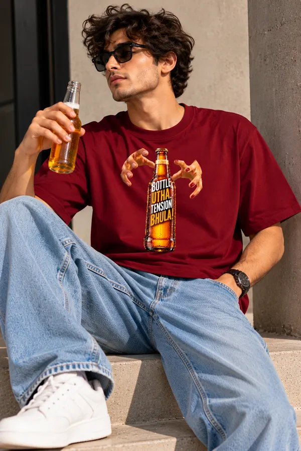 Lo_Do_Bottle_Utha_Tension_Bhula_Oversized_Graphic_T_Shirt_For_Men_Maroon_Maroon