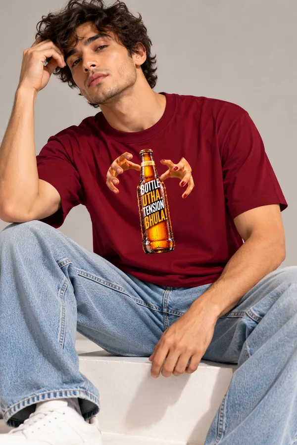 Lo_Do_Bottle_Utha_Tension_Bhula_Oversized_Graphic_T_Shirt_For_Men_Maroon_Maroon