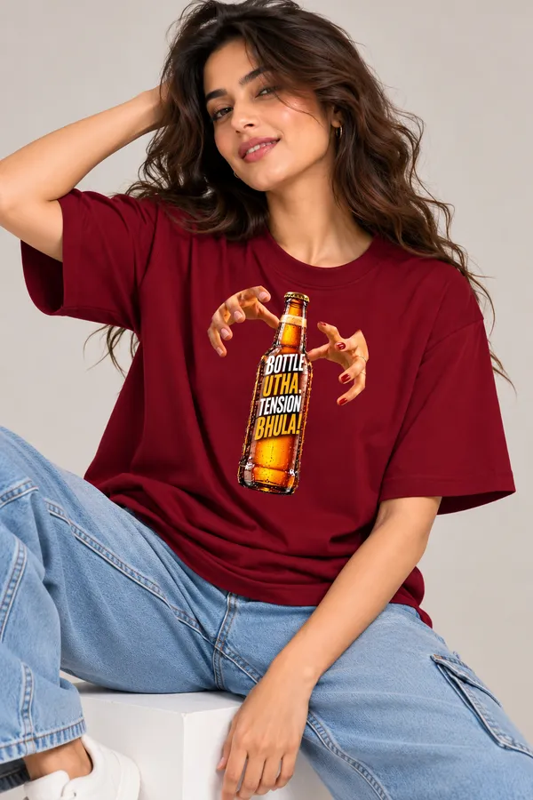 Lo_Do_Bottle_Utha_Tension_Bhula_Graphic_T_Shirt_For_Women_Maroon_Maroon