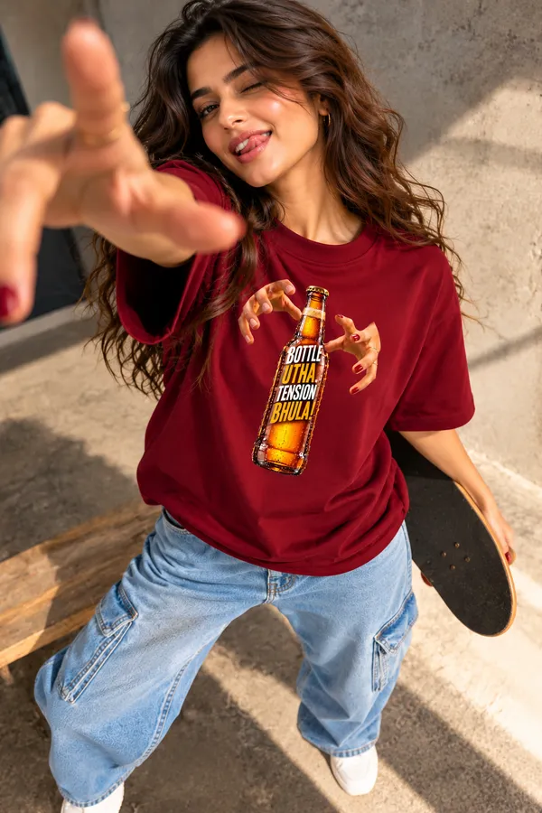 Lo_Do_Bottle_Utha_Tension_Bhula_Graphic_T_Shirt_For_Women_Maroon_Maroon