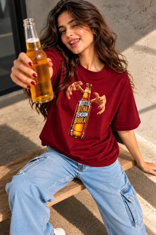 Lo_Do_Bottle_Utha_Tension_Bhula_Graphic_T_Shirt_For_Women_Maroon_Maroon