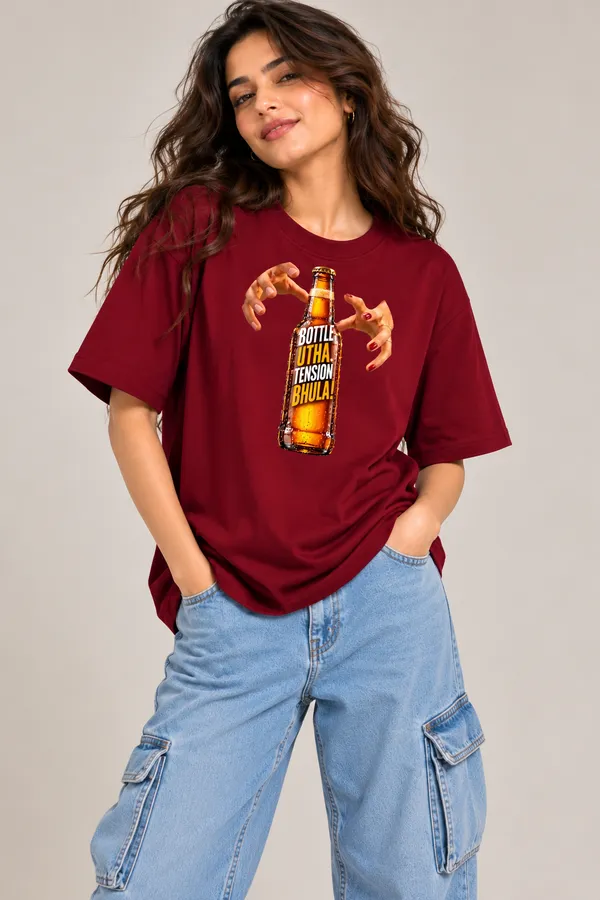 Lo_Do_Bottle_Utha_Tension_Bhula_Graphic_T_Shirt_For_Women_Maroon_Maroon