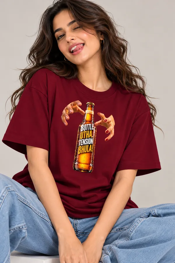 Lo_Do_Bottle_Utha_Tension_Bhula_Graphic_T_Shirt_For_Women_Maroon_Maroon