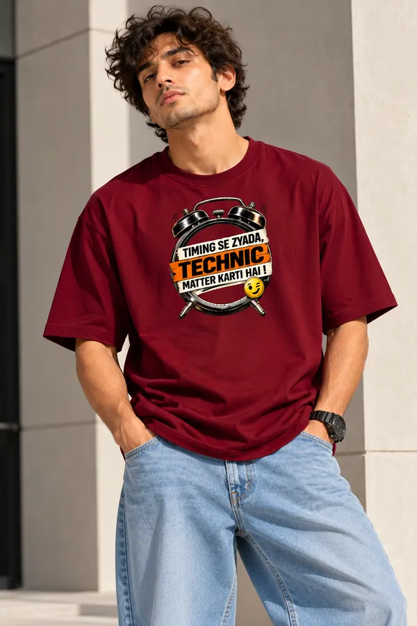 Lo_Do_Timing_Se_Zyada_Technic_Matter_Karti_Hai_Oversized_T_Shirt_For_Men_Burgundy_Burgundy