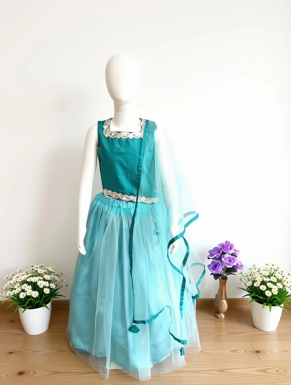 Green_And_Blue_Net_Satin_Lehenga_Choli_Set_For_Girls