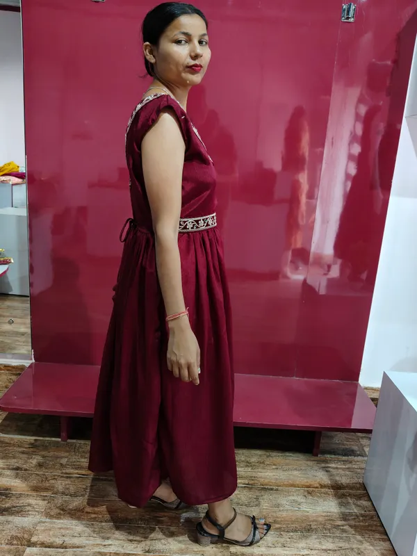 Maroon_Satin_Embroidered_Fit_And_Flare_Dress_For_Women