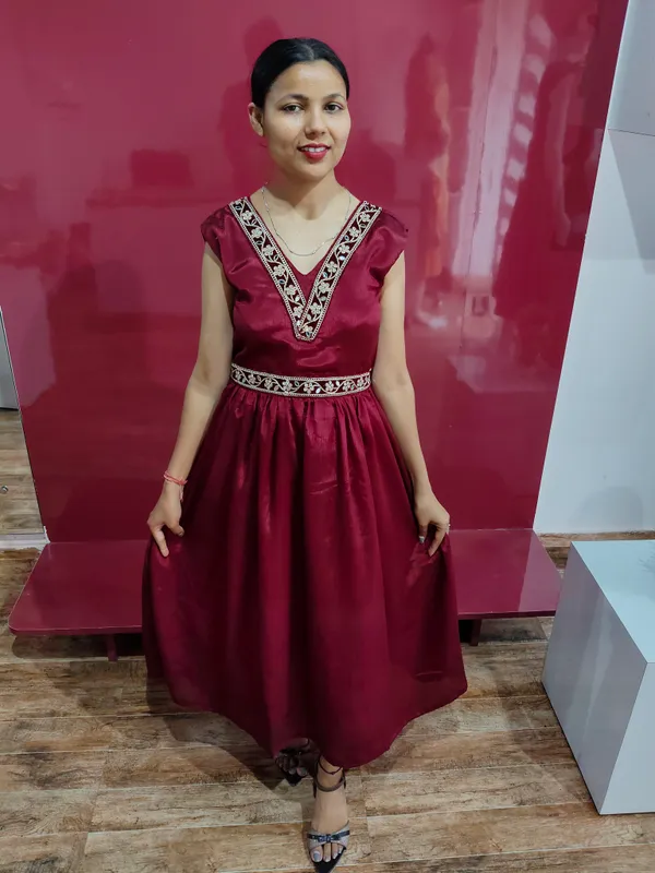 Maroon_Satin_Embroidered_Fit_And_Flare_Dress_For_Women