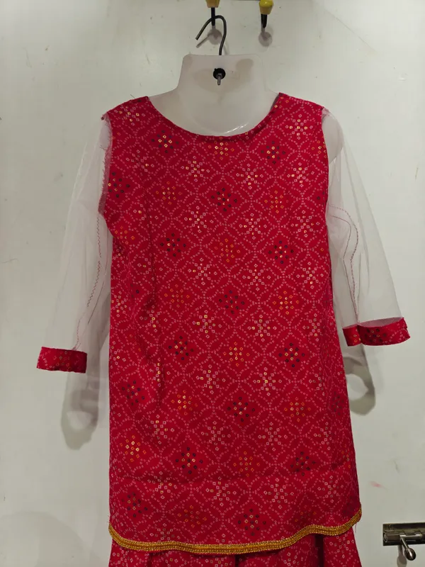Red_Cotton_Net_Printed_Lehenga_Skirt_With_Dupatta_For_Girls