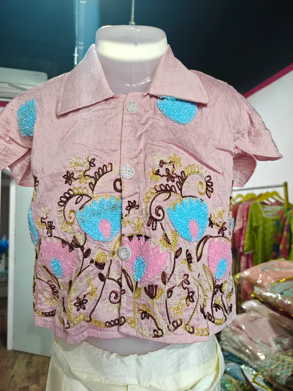 Pink_And_Peach_Georgette_Embroidered_Top_And_Skirt_Set_For_Girls