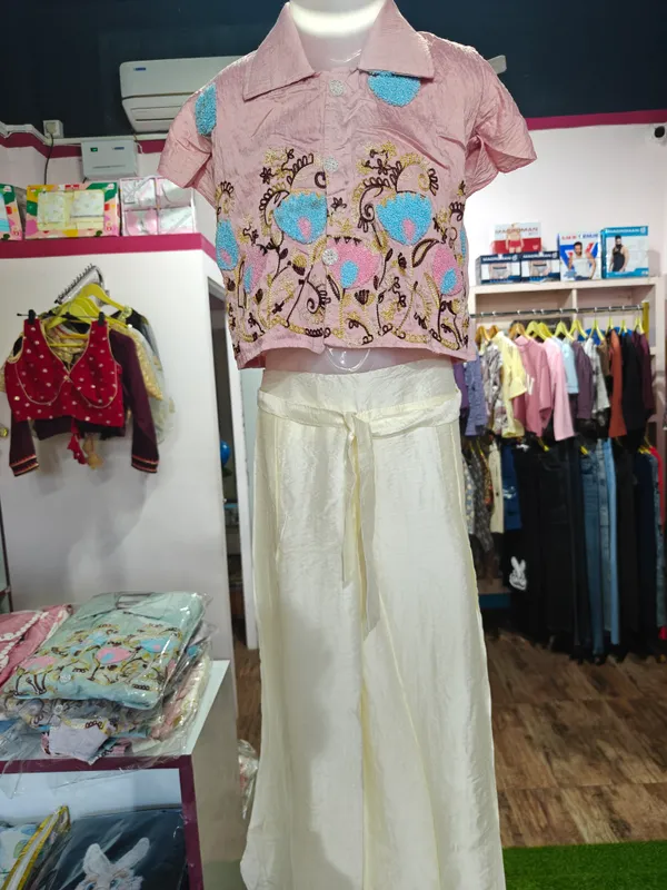 Pink_And_Peach_Georgette_Embroidered_Top_And_Skirt_Set_For_Girls