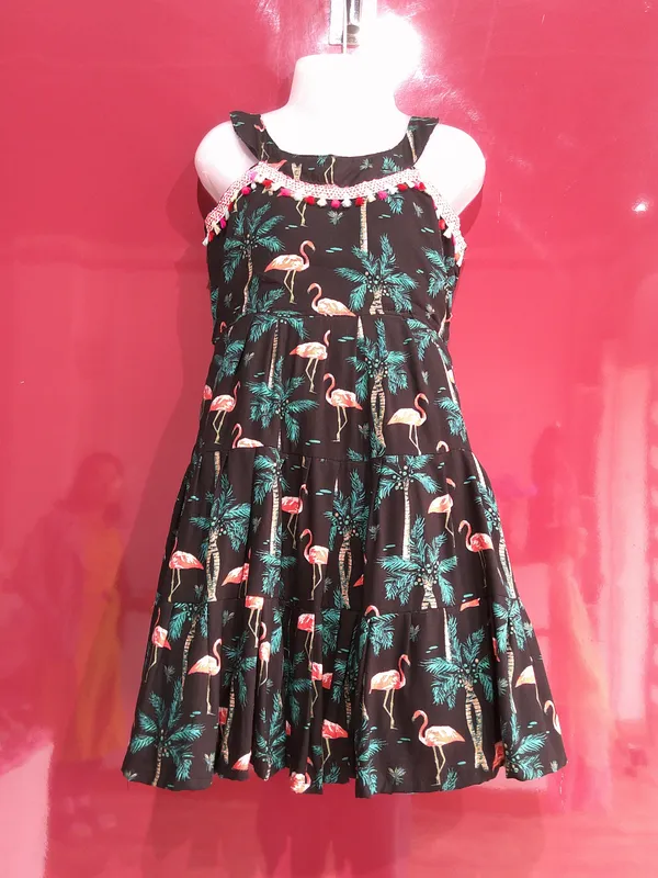 Multicolor_Cotton_Rayon_Printed_Flared_Dress_For_Girls