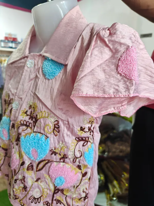 Pink_And_Peach_Georgette_Embroidered_Top_And_Skirt_Set_For_Girls