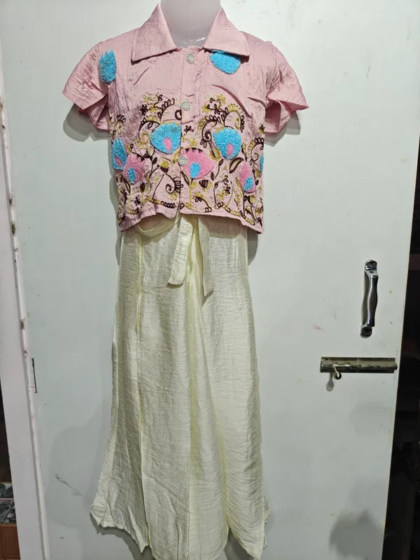 Pink_And_Peach_Georgette_Embroidered_Top_And_Skirt_Set_For_Girls
