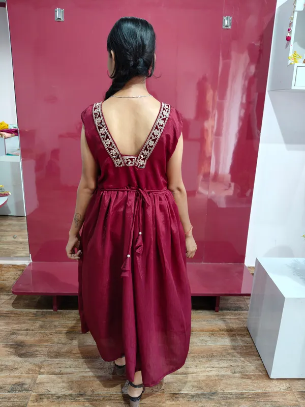 Maroon_Satin_Embroidered_Fit_And_Flare_Dress_For_Women