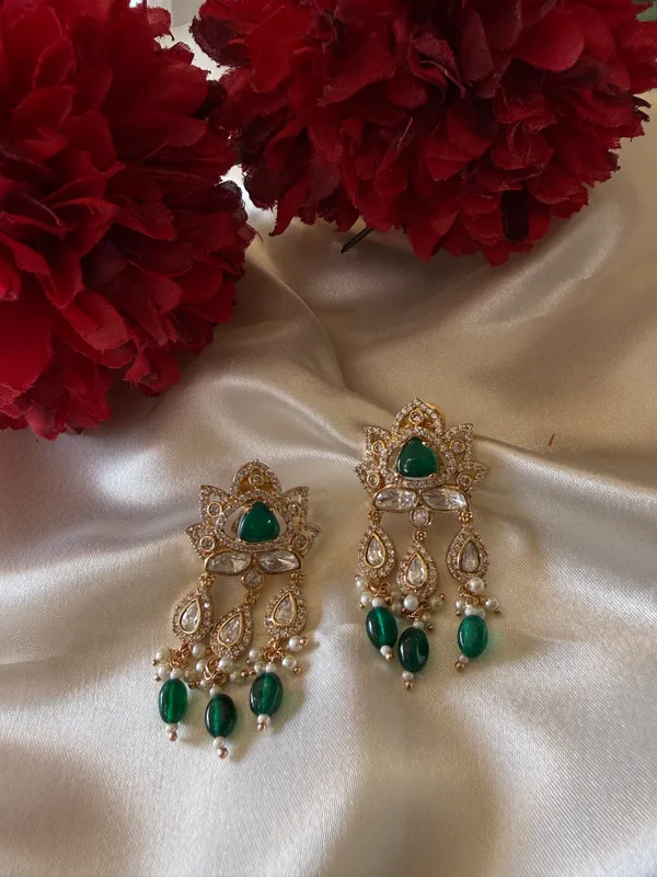Green_Necklace_And_Earrings_Set_Brass__For_Women
