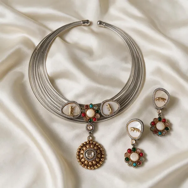 Silver_Necklace_And_Earrings_Set_Brass__For_Women