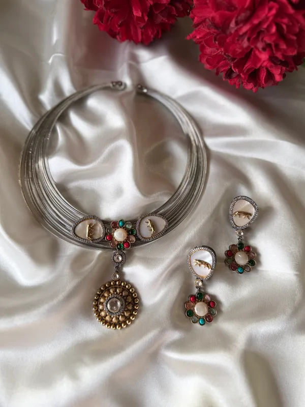 Silver_Necklace_And_Earrings_Set_Brass__For_Women