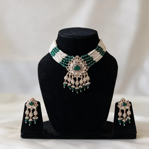 Green_Necklace_And_Earrings_Set_Brass__For_Women