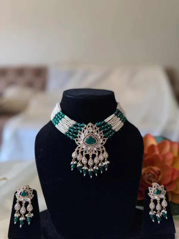 Green_Necklace_And_Earrings_Set_Brass__For_Women