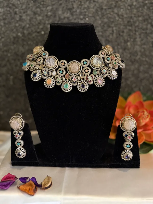 Silver_Necklace_And_Earrings_Set_Brass__For_Women