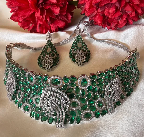 Green_Necklace_And_Earrings_Set_Brass__For_Women