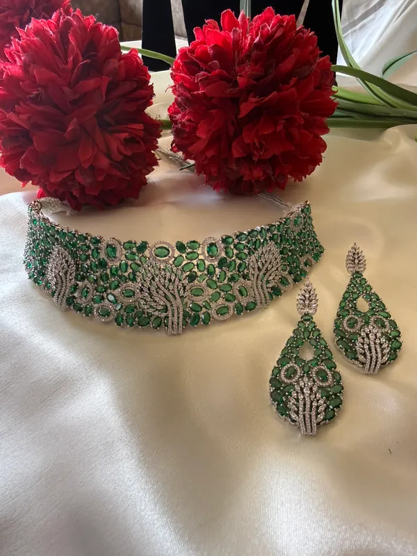 Green_Necklace_And_Earrings_Set_Brass__For_Women