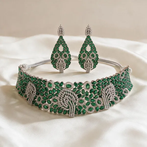 Green_Necklace_And_Earrings_Set_Brass__For_Women