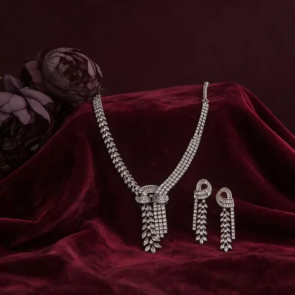 Silver_Necklace_And_Earrings_Set_Brass__For_Women