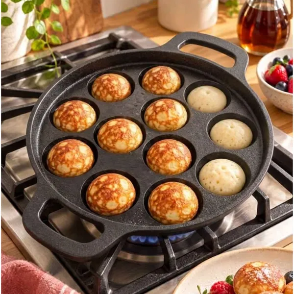 KOLBERRY_Cast_Iron_Appam_Pan_12_Pit_with_Glass_Lid