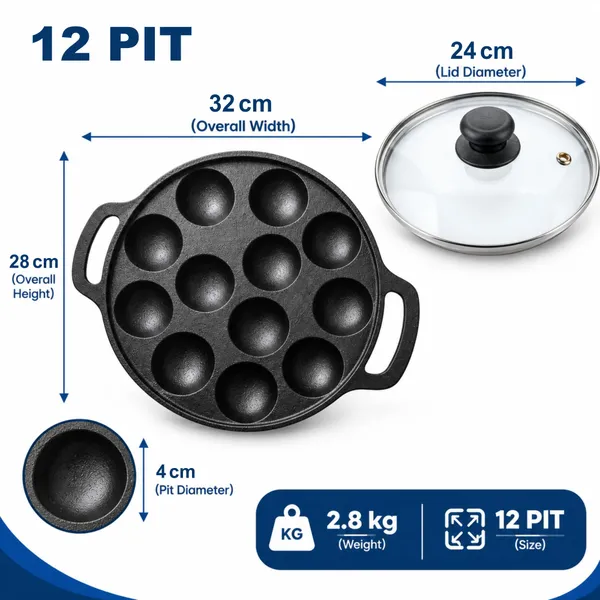 KOLBERRY_Cast_Iron_Appam_Pan_12_Pit_with_Glass_Lid