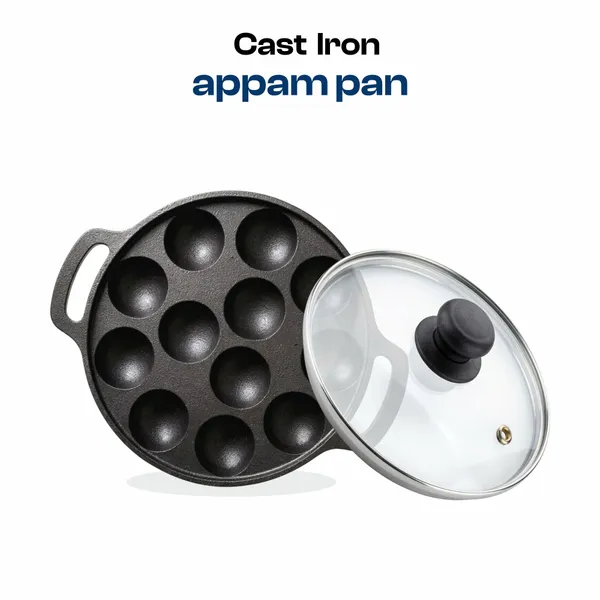 KOLBERRY_Cast_Iron_Appam_Pan_12_Pit_with_Glass_Lid