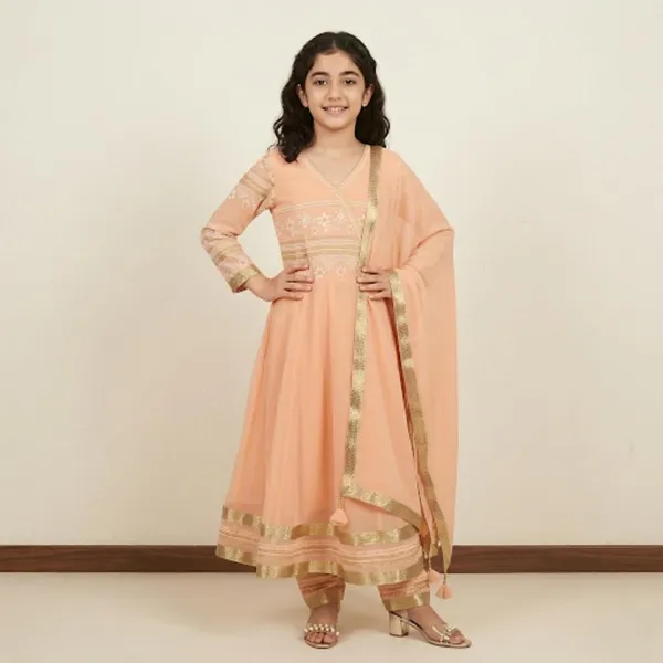 Peach_Printed_Kids_Georgette_Ethnic_Set_Lightweight_Festive_Traditional_Wear
