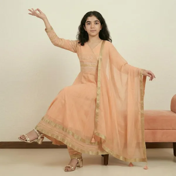 Peach_Printed_Kids_Georgette_Ethnic_Set_Lightweight_Festive_Traditional_Wear