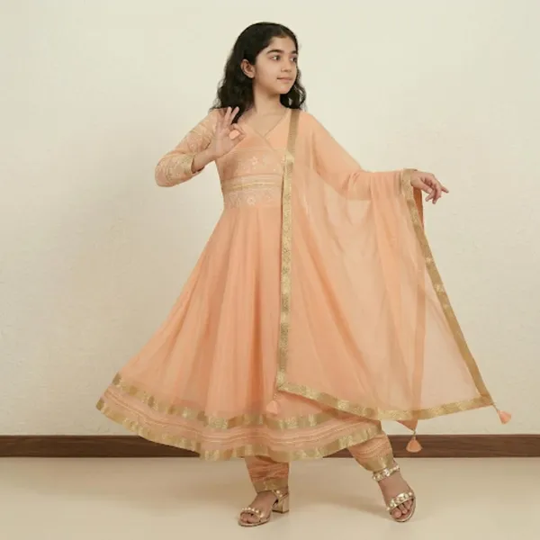 Peach_Printed_Kids_Georgette_Ethnic_Set_Lightweight_Festive_Traditional_Wear