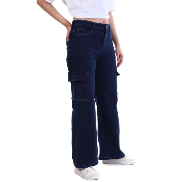 Dark_Blue_Denim_Baggy_Fit_Cargo_Jeans_For_Women