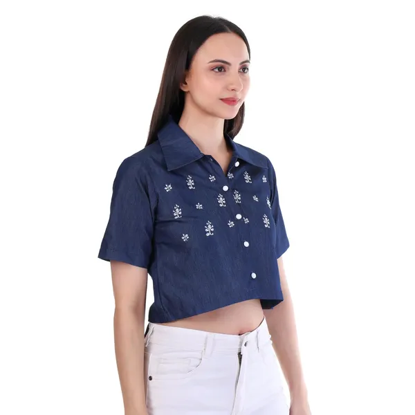 Dark_Blue_Denim_Embroidered_Half_Sleeve_Crop_Top_For_Women