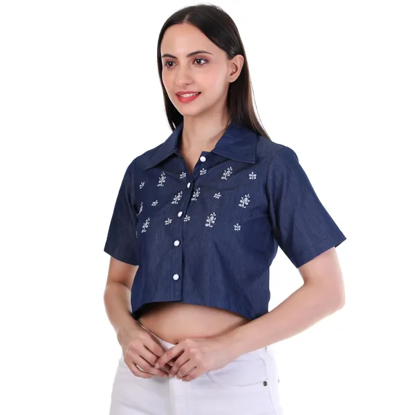 Dark_Blue_Denim_Embroidered_Half_Sleeve_Crop_Top_For_Women