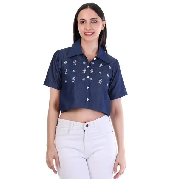 Dark_Blue_Denim_Embroidered_Half_Sleeve_Crop_Top_For_Women