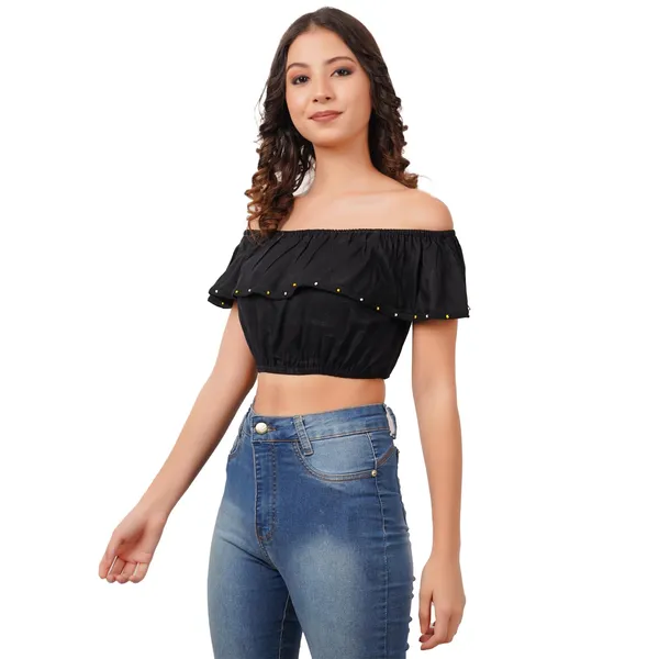 Women_S_Rayon_Off_Shoulder_Crop_Top_Stretchable_Comfort_Fit_Bow_Cut_Sleeve_Blouse_For_Casual_Festive_Office_Wear_Maroon_Black_White_Stylish_Summer_Top