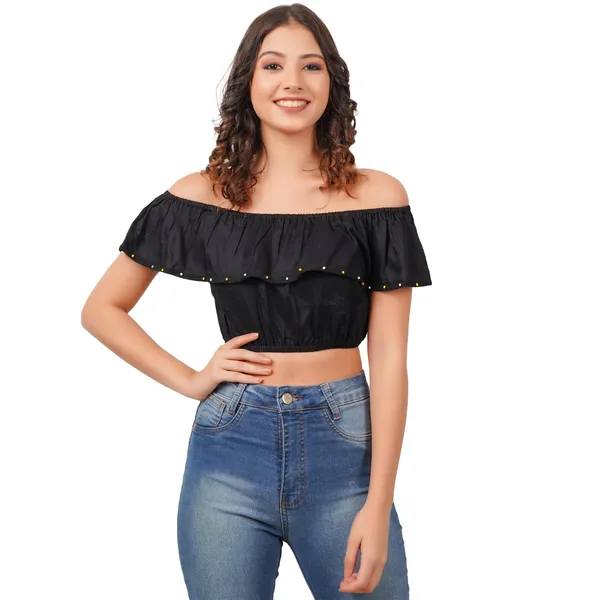 Women_S_Rayon_Off_Shoulder_Crop_Top_Stretchable_Comfort_Fit_Bow_Cut_Sleeve_Blouse_For_Casual_Festive_Office_Wear_Maroon_Black_White_Stylish_Summer_Top