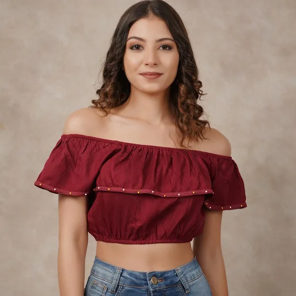 Maroon_Rayon_Off_Shoulder_Ruffle_Crop_Top_For_Women