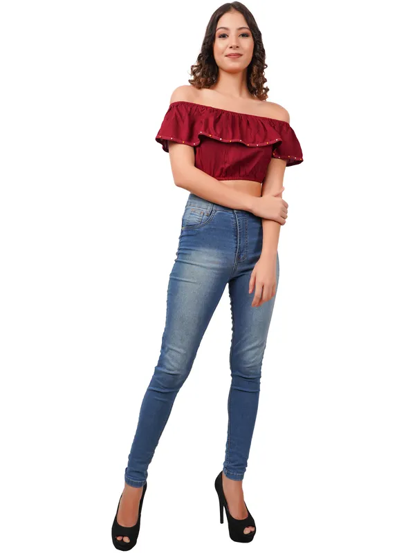 Maroon_Off_Shoulder_Ruffle_Rayon_Crop_Top_for_Women_Casual_Western_Wear