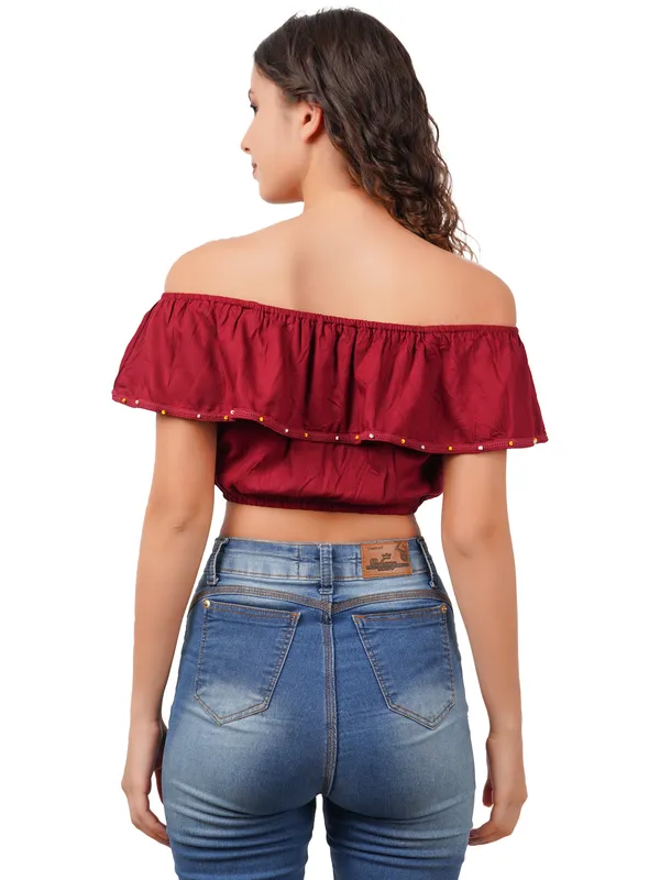 Maroon_Off_Shoulder_Ruffle_Rayon_Crop_Top_for_Women_Casual_Western_Wear