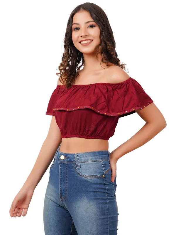 Maroon_Off_Shoulder_Ruffle_Rayon_Crop_Top_for_Women_Casual_Western_Wear