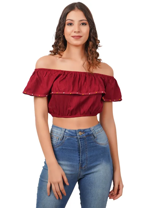 Maroon_Off_Shoulder_Ruffle_Rayon_Crop_Top_for_Women_Casual_Western_Wear