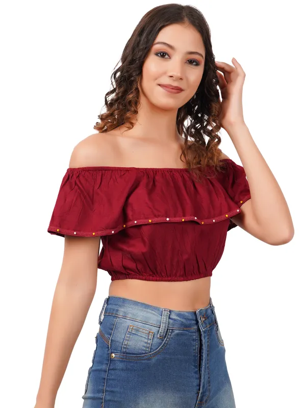 Maroon_Off_Shoulder_Ruffle_Rayon_Crop_Top_for_Women_Casual_Western_Wear